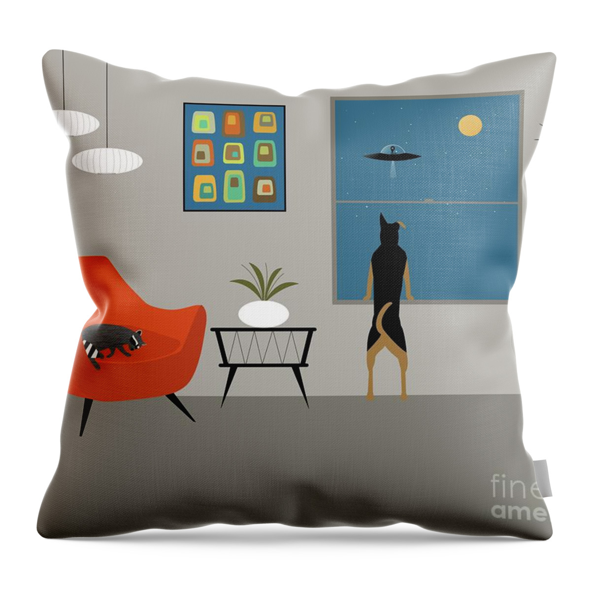 Mid Century Room Scene Throw Pillow featuring the digital art Macki and Raccoon Friend by Donna Mibus