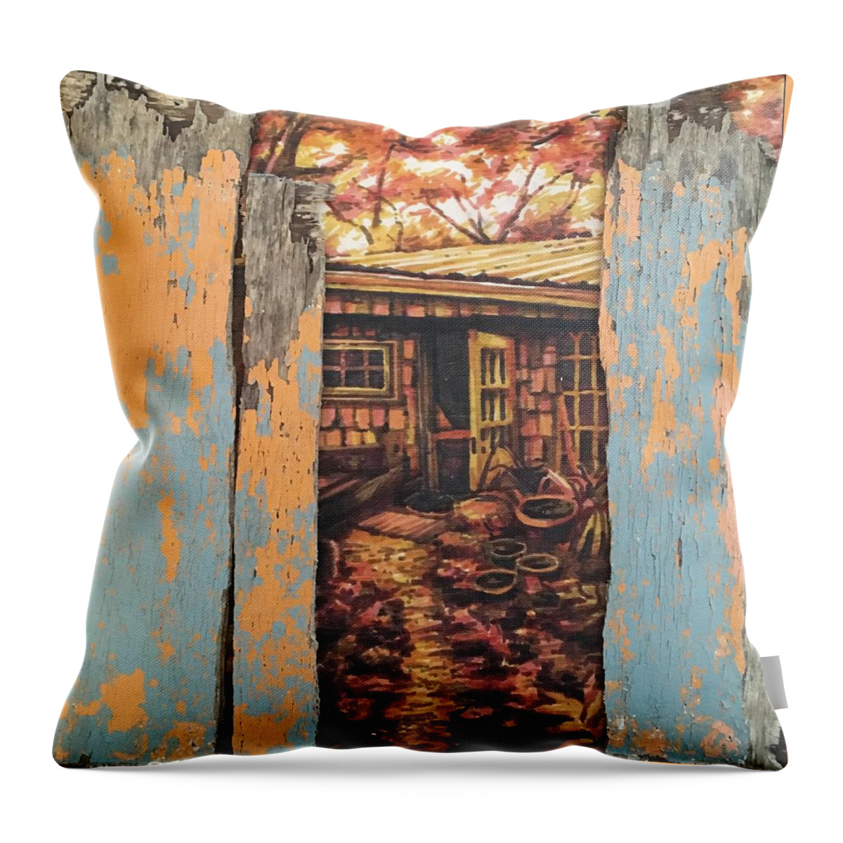 Woods Throw Pillow featuring the mixed media Marc's Shack 1 by Matthew Lazure