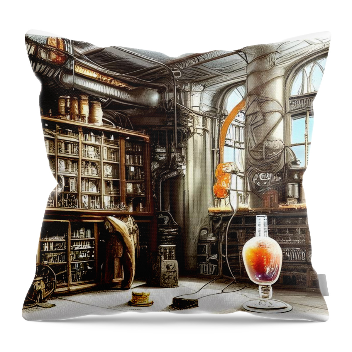 Experiment Background Throw Pillow featuring the digital art Mad Scientist Lab Library by Annalisa Rivera-Franz