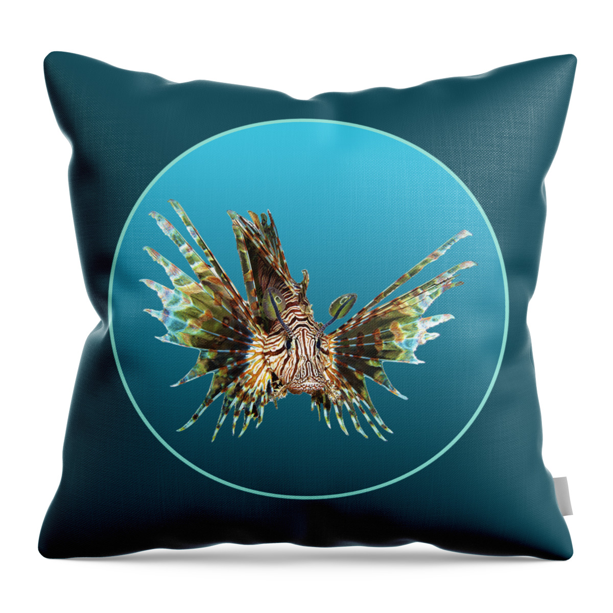 Lionfish Throw Pillow featuring the mixed media Magic lionfish in a circle in blurry blue - by Ute Niemann