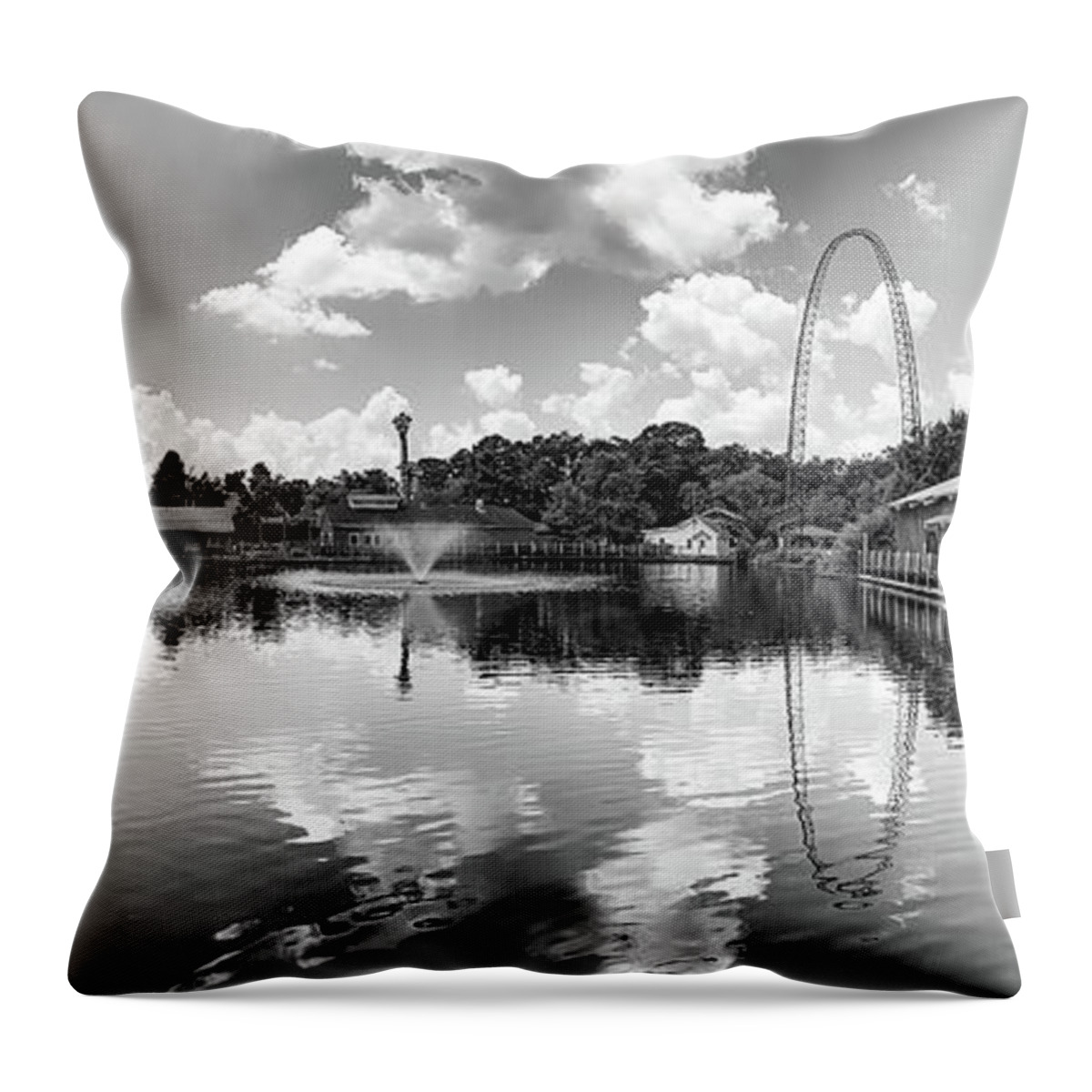 Magic Springs Throw Pillow featuring the photograph Magic Springs Park Panorama in Black and White - Hot Springs Arkansas by Gregory Ballos