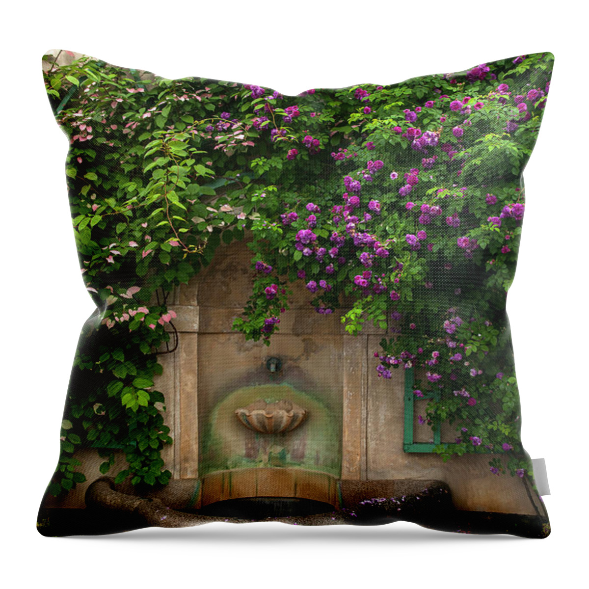 Jenny Rainbow Fine Art Photography Throw Pillow featuring the photograph Magical Charm of Cesky Krumlov - Fountain Entwined with Roses 1 by Jenny Rainbow