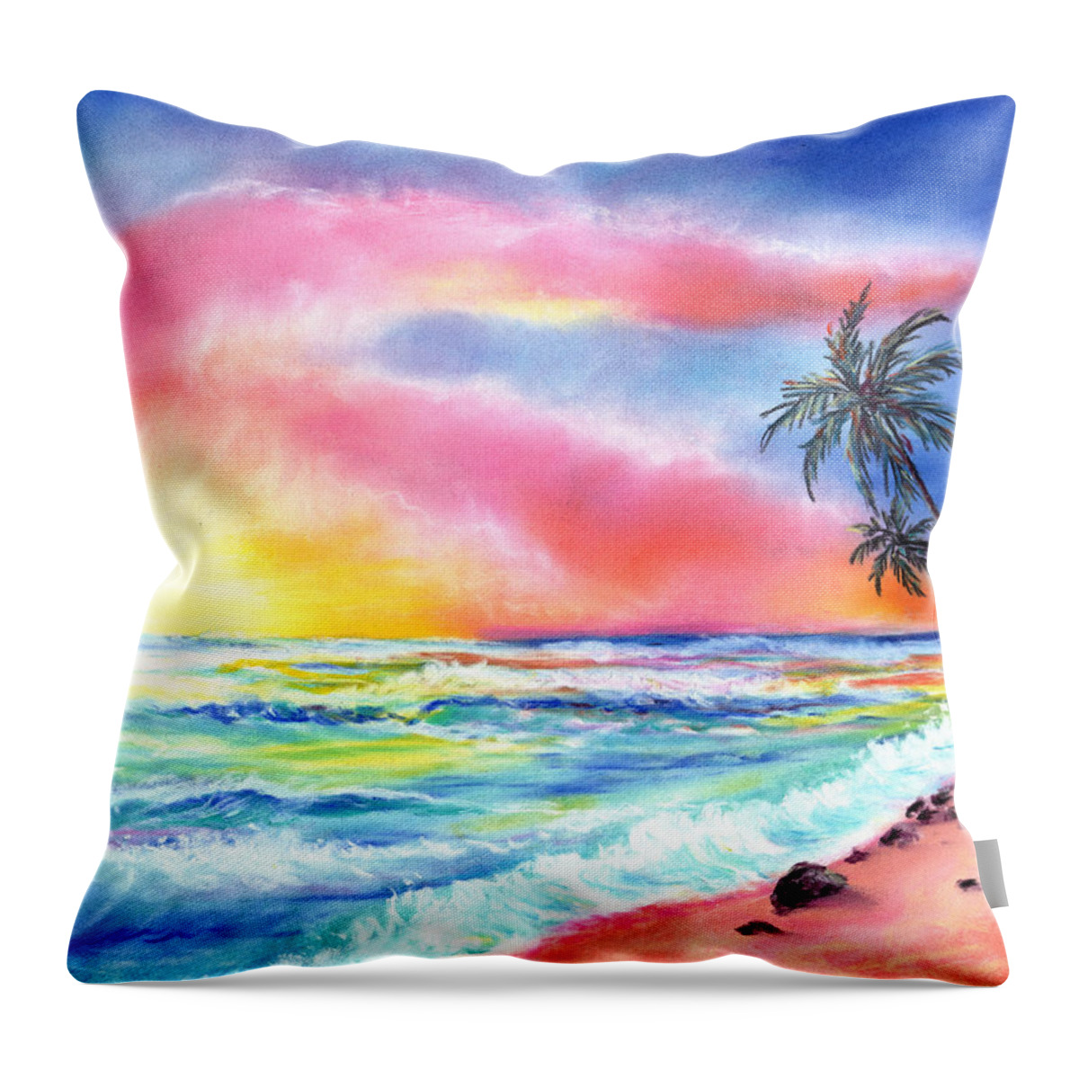 Sunset Throw Pillow featuring the pastel Magical Kauai Sunset by Marionette Taboniar