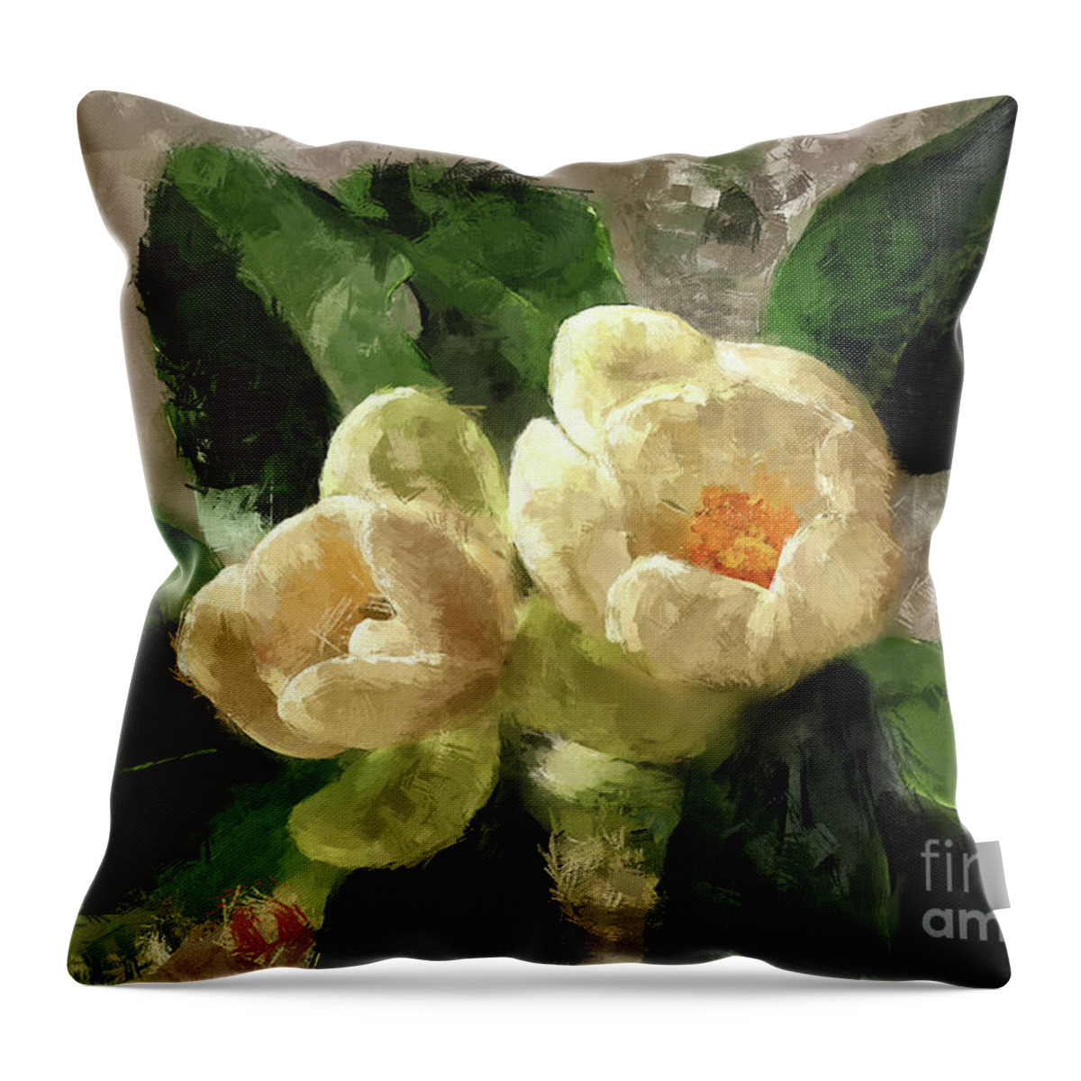 Flower Throw Pillow featuring the digital art Magnolias and Crystal by Lois Bryan