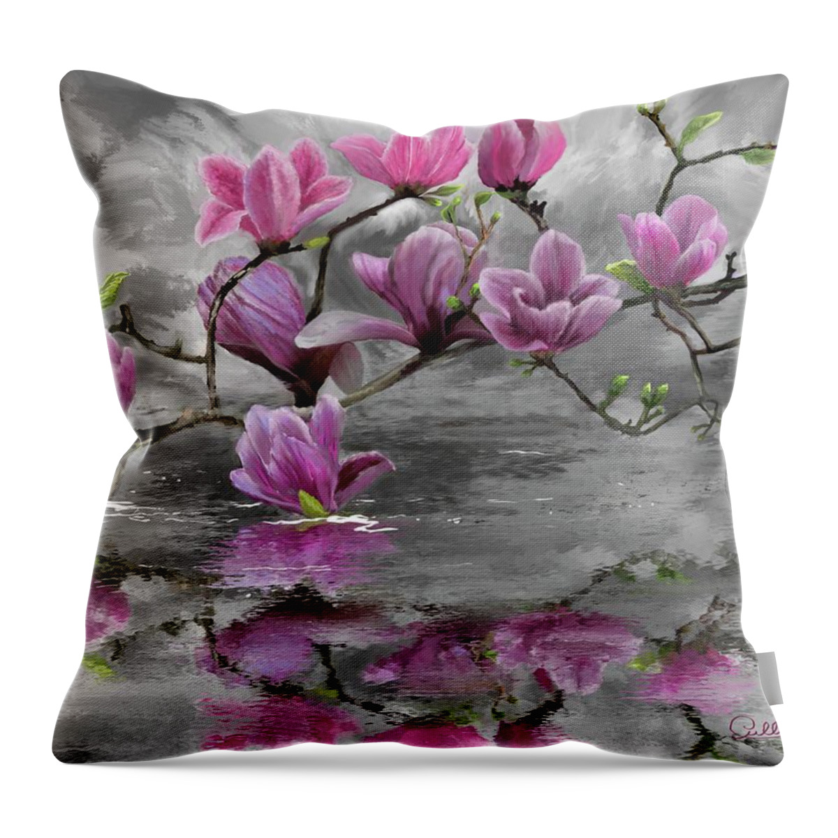 Landscape Throw Pillow featuring the digital art Magnolias in the Mist by Marilyn Cullingford