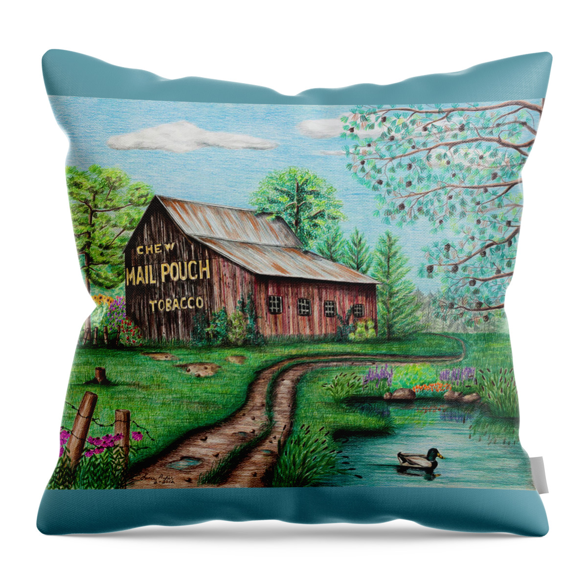 Mail Pouch Throw Pillow featuring the drawing Mail Pouch Tobacco Barn by Lena Auxier