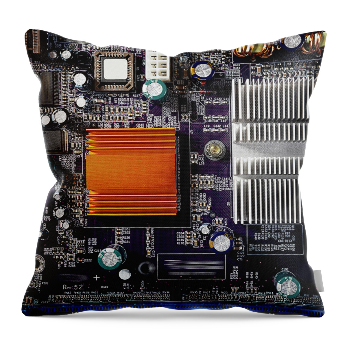 Computer Throw Pillow featuring the photograph Mainboard of a pc with electronic components. by Bernhard Schaffer
