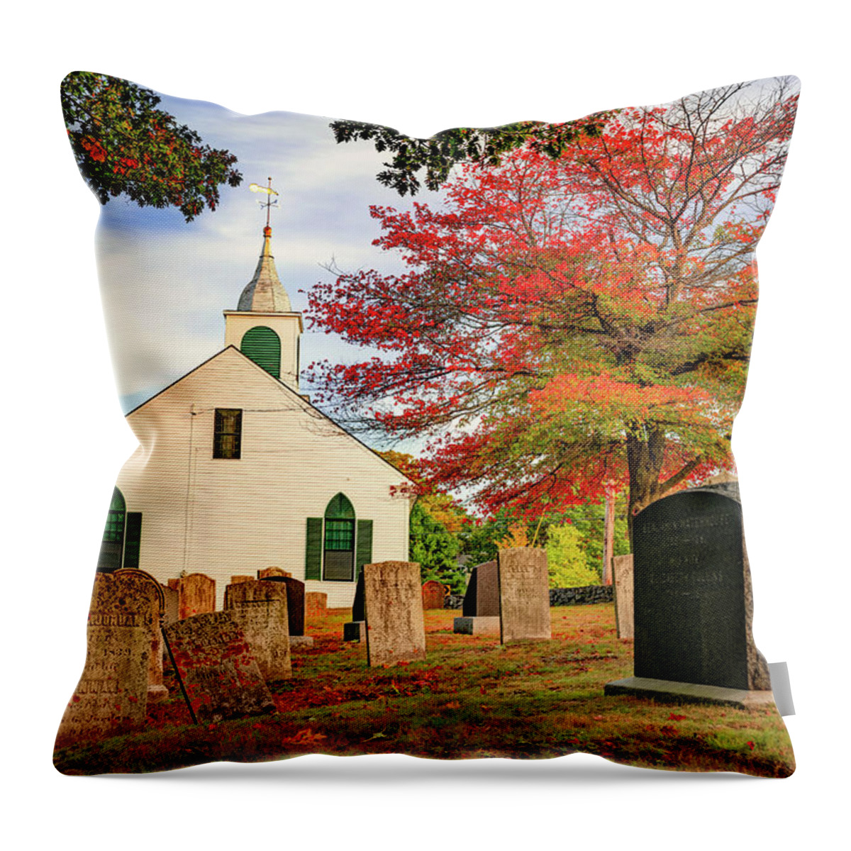 Maine Landscape Throw Pillow featuring the photograph Maine Church and Graveyard in Autumn by Gregory Ballos