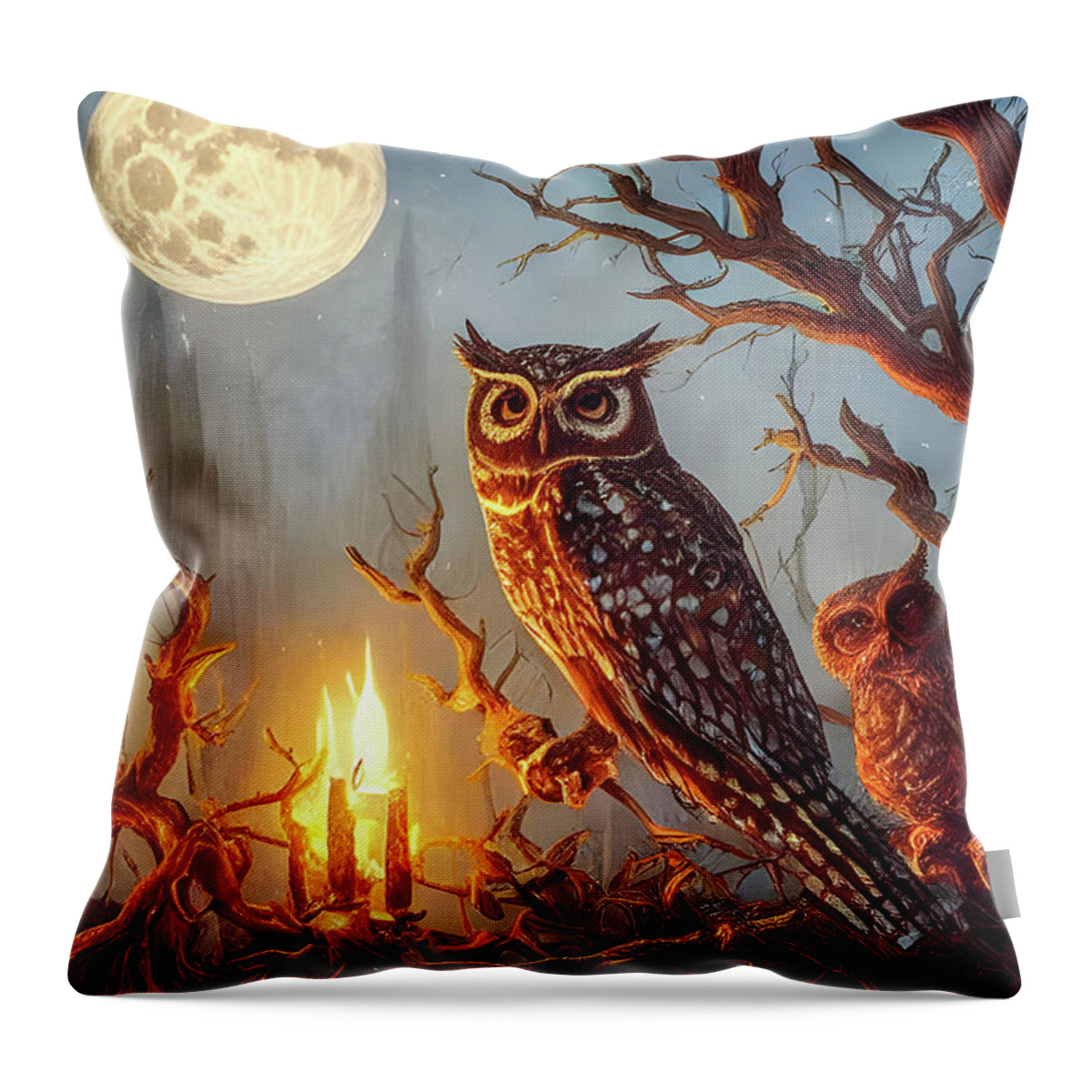 Owls Throw Pillow featuring the painting Maine Parliament of Owls by Bob Orsillo