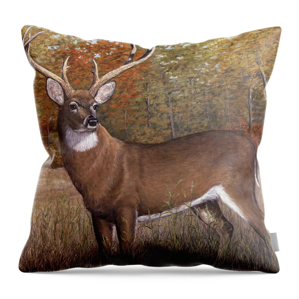 Buck Throw Pillow featuring the painting Majestic Encounter by Linda Goodman