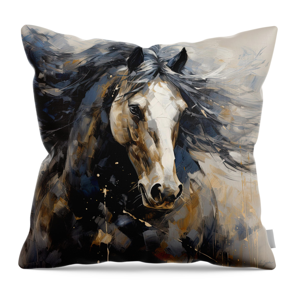 Navy Blue Throw Pillow featuring the painting Majestic Equine - Indigo and Gold Art by Lourry Legarde