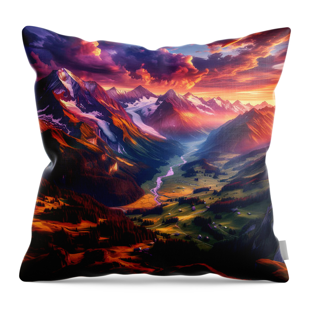 Mountains Throw Pillow featuring the digital art Majestic Mountain Landscape, A panoramic view of the Alps during sunset with vibrant colors by Jeff Creation