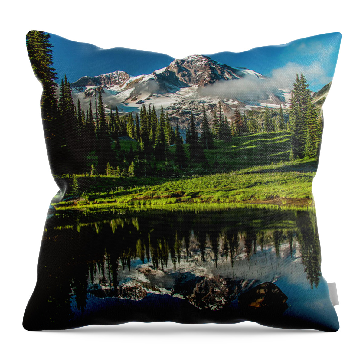 Mount Rainier Throw Pillow featuring the photograph Majestic Mountain Reflection by Doug Scrima
