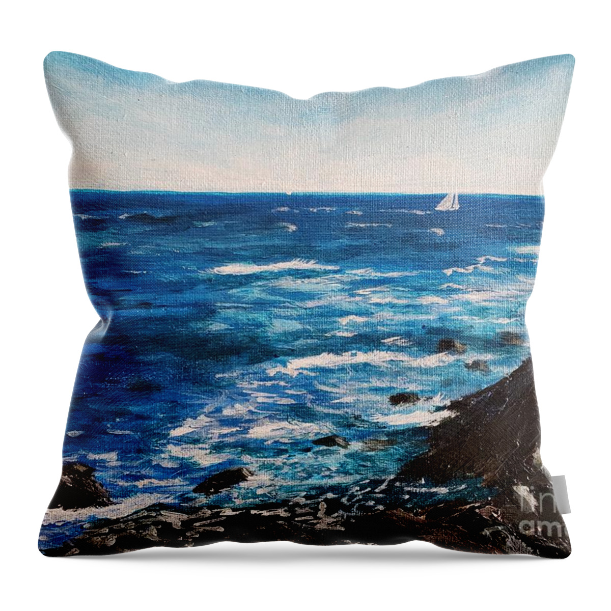 Blue. White Throw Pillow featuring the painting Making Waves by the Cliff Walk, Newport, Rhode Island by C E Dill