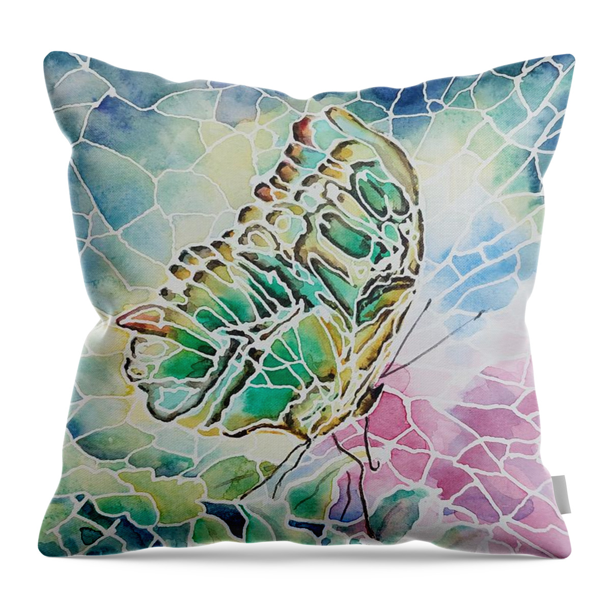 Green Malachite Butterfly Throw Pillow featuring the painting Malachite Wings by Amanda Amend