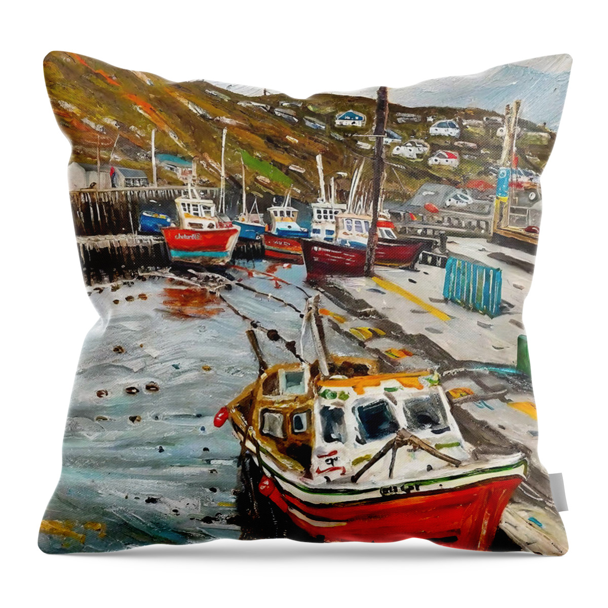 Scotland Throw Pillow featuring the painting Mallaig Harbour Scotland Painting scotland coastal scene low tid by N Akkash