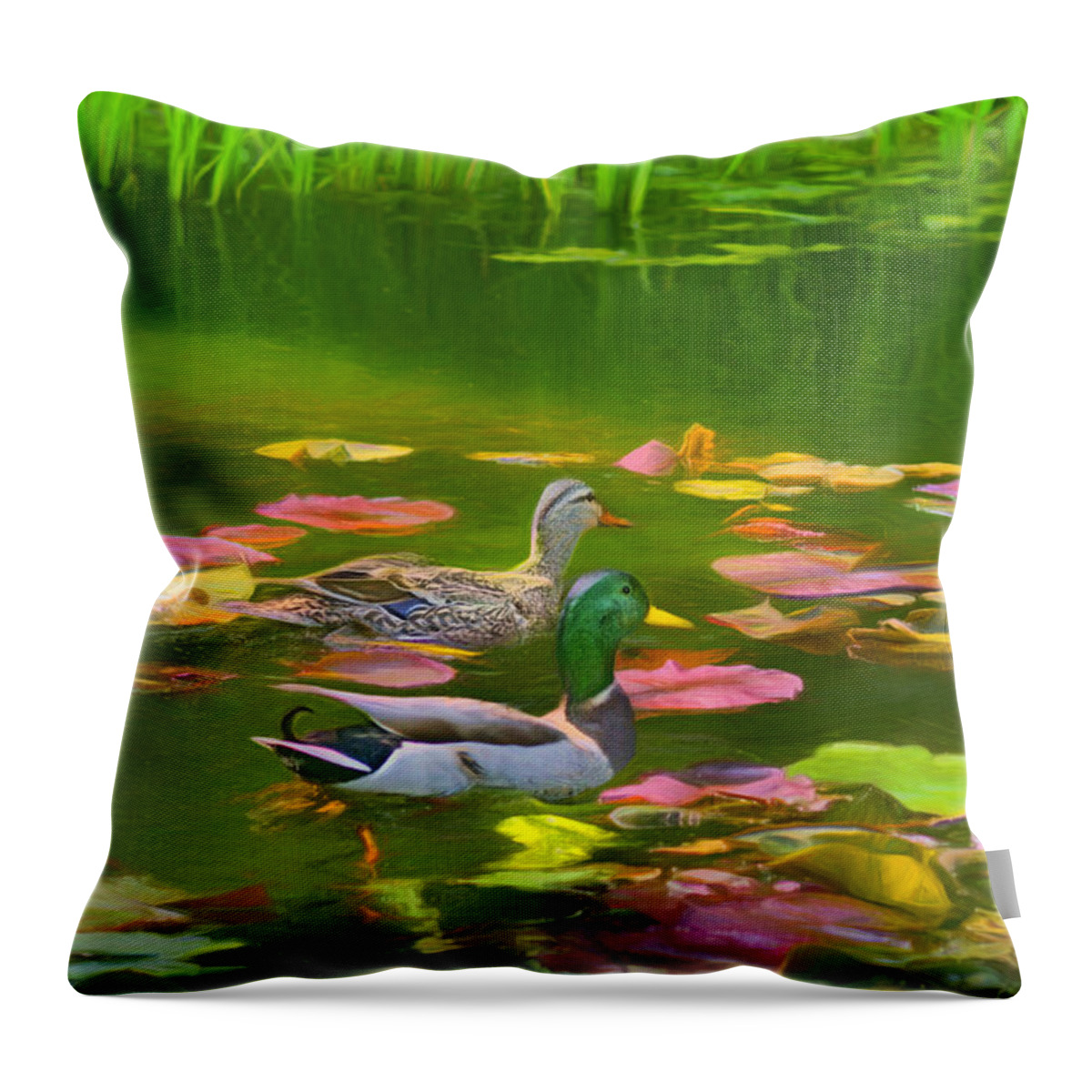 Birds Throw Pillow featuring the photograph Mallards - Lily Pond by Nikolyn McDonald