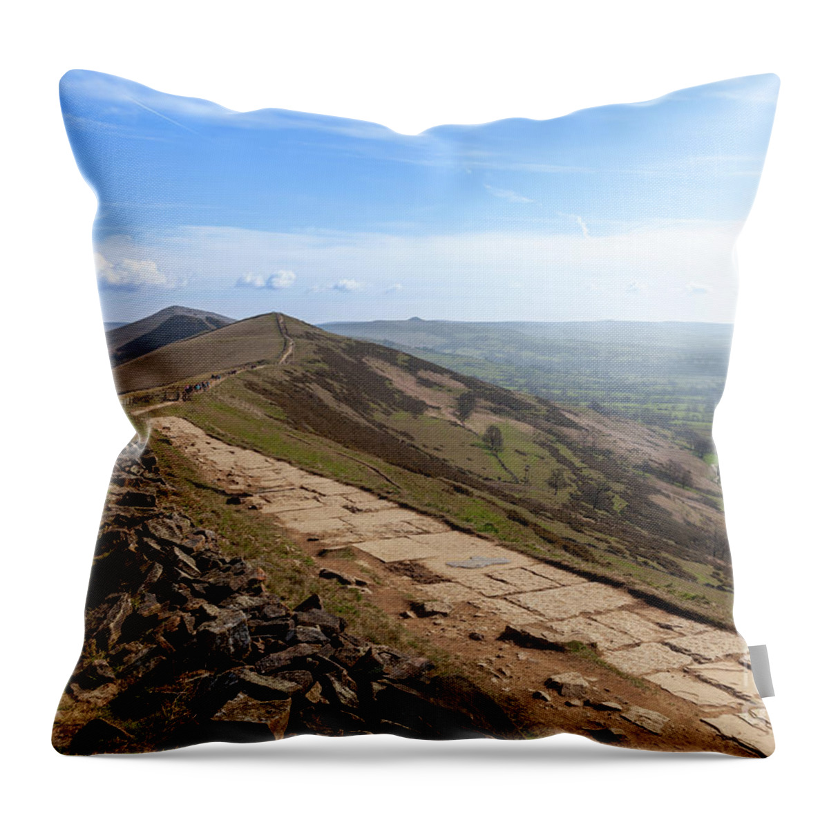 Peak District Throw Pillow featuring the photograph Mam Tor ridge in morning sunlight Derbyshire by Simon Bratt