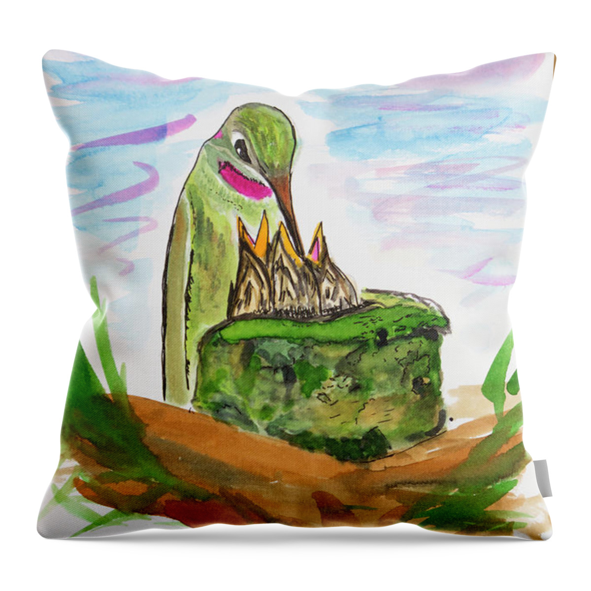 Hummingbird Throw Pillow featuring the painting Mama and Baby Hummingbirds by Her Arts Desire