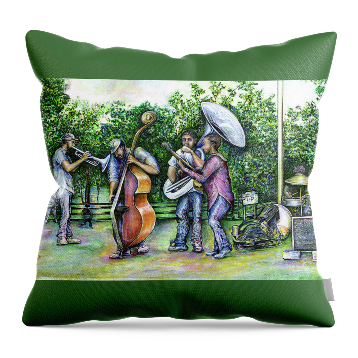 Gaye Elise Beda Throw Pillow featuring the painting Mama Never Warned Me about Tuba Players by Gaye Elise Beda