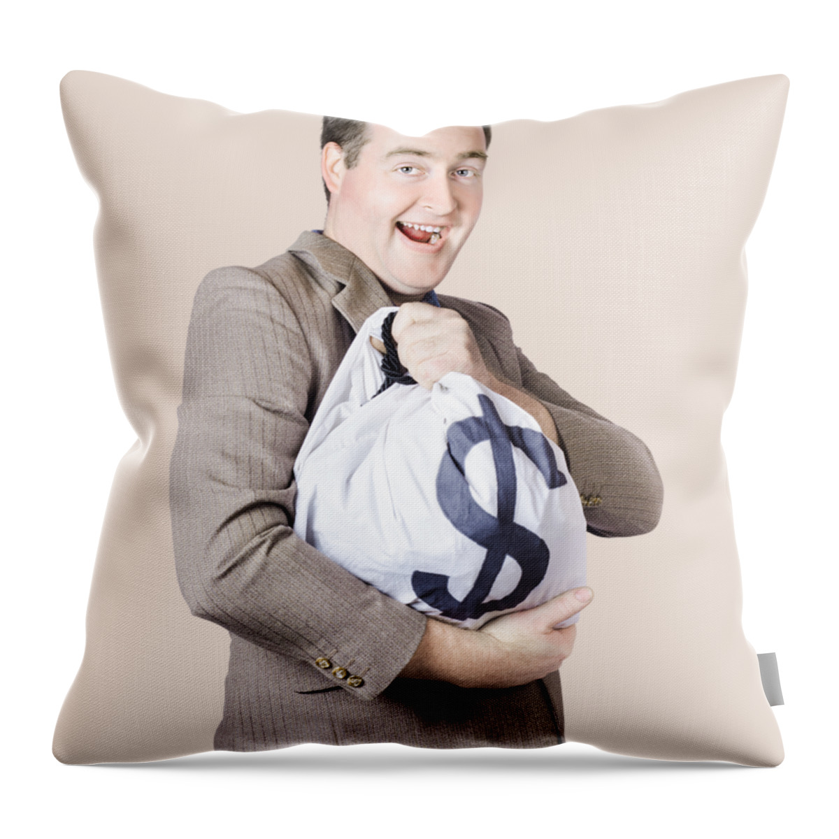 Money Throw Pillow featuring the photograph Man holding large sum of money in bank deposit bag by Jorgo Photography