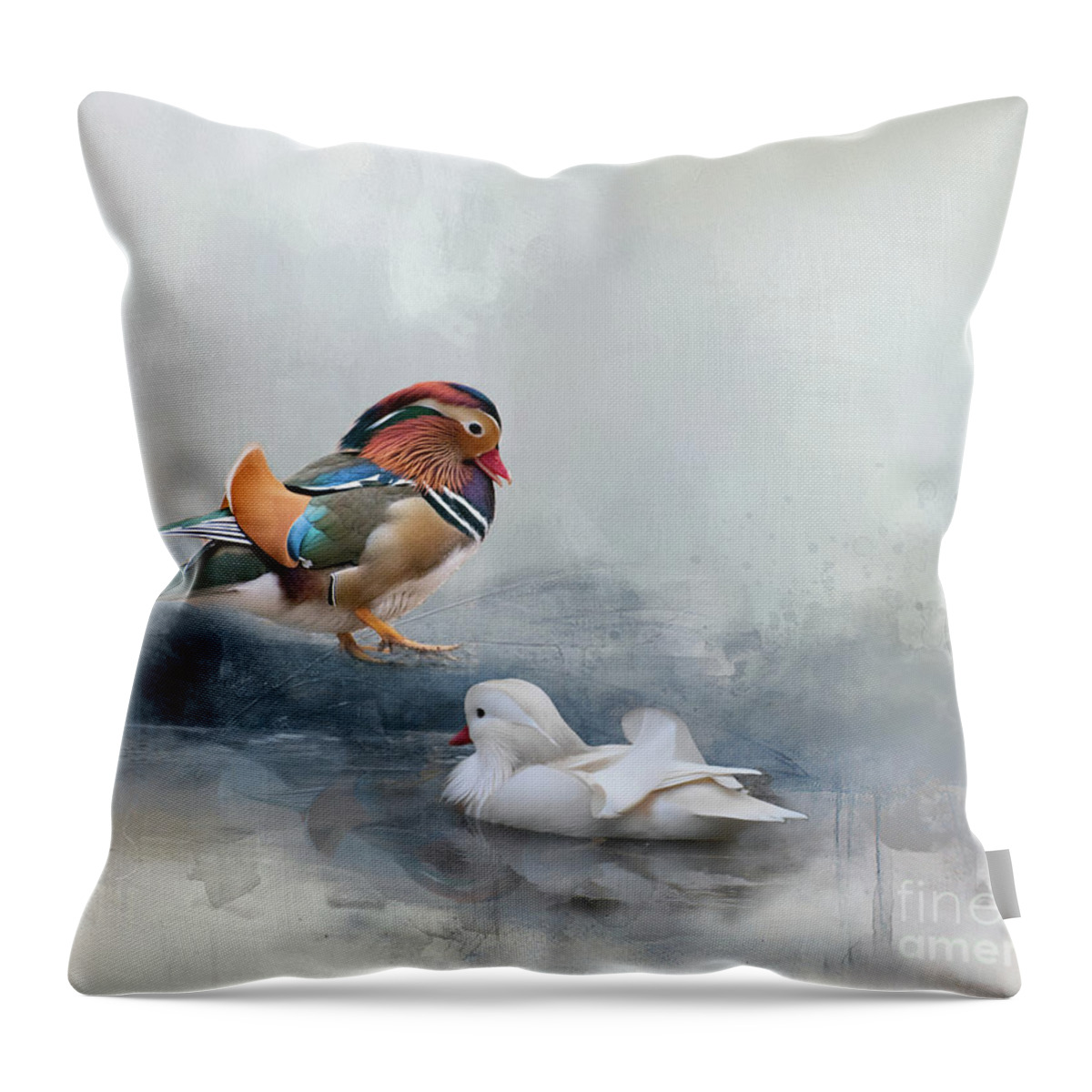 Mandarin Duck Throw Pillow featuring the mixed media Mandarin Ducks by Kathy Kelly