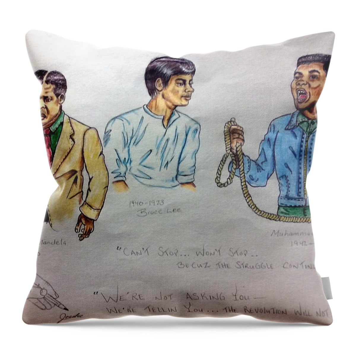 Black Art Throw Pillow featuring the drawing Mandela, Bruce, and Ali by Joedee