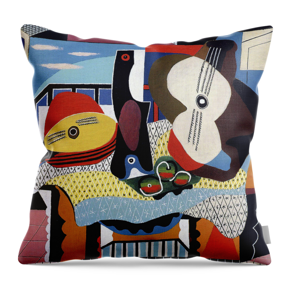 Picasso Throw Pillow featuring the painting Pablo Picasso - Mandolin and Guitar by Jon Baran
