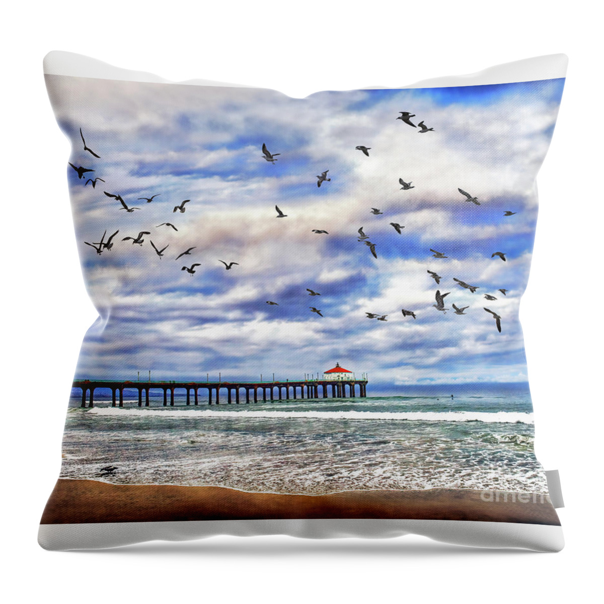 Gulls Throw Pillow featuring the photograph Manhattan Beach Pier And Seagulls, Sunrise, California by Don Schimmel