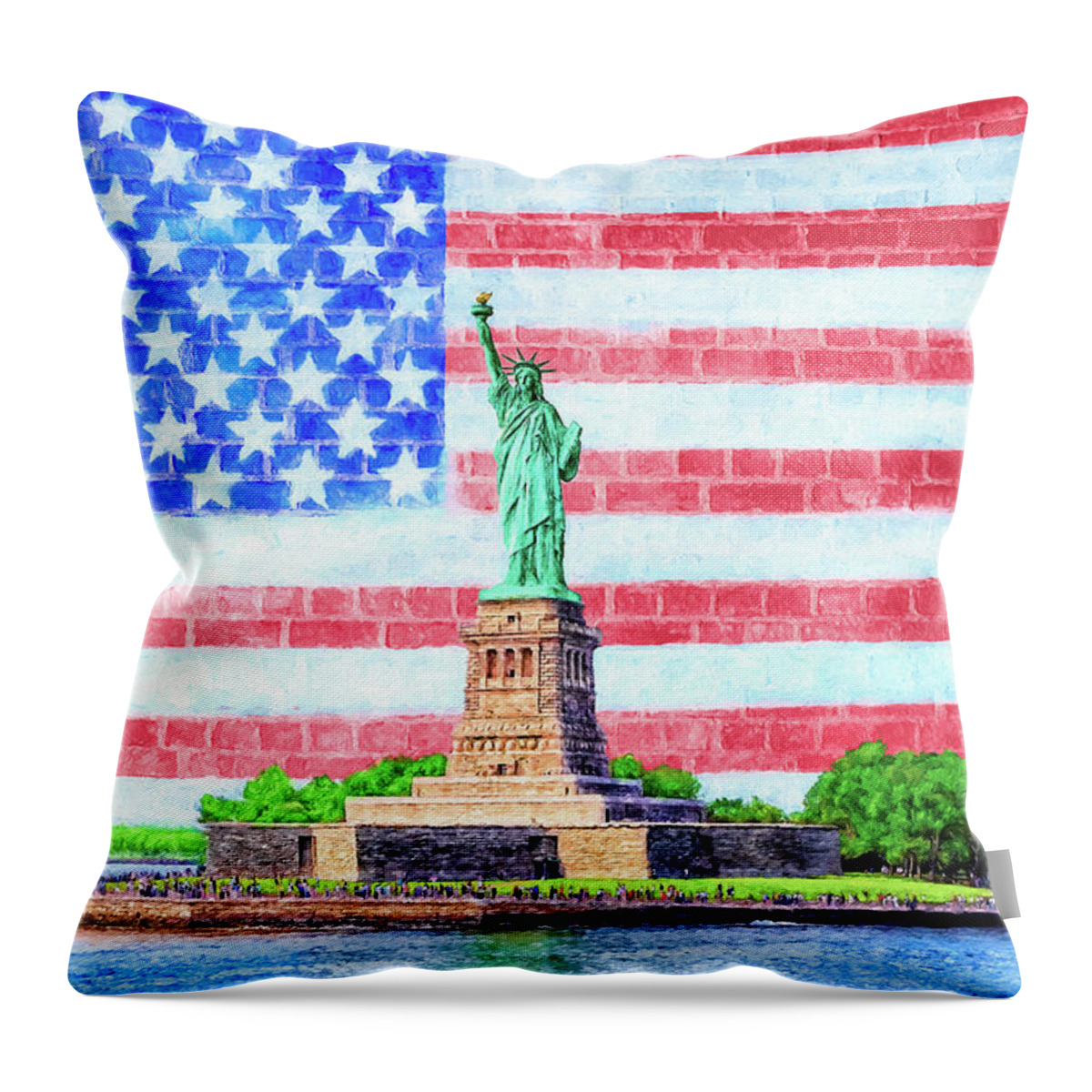 Statue Throw Pillow featuring the mixed media Statue Of Liberty - Mural Style by Mark Tisdale