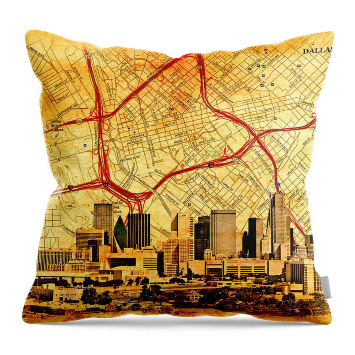 Dallas Throw Pillow featuring the digital art Map of Downtown Dallas with the skyline of the city blended on old paper by Nicko Prints