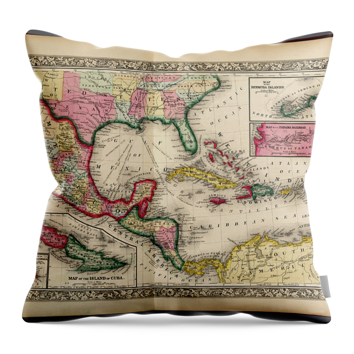 Map Throw Pillow featuring the photograph Map of Mexico, Central America, and the West Indies, 1863 by Phil Cardamone