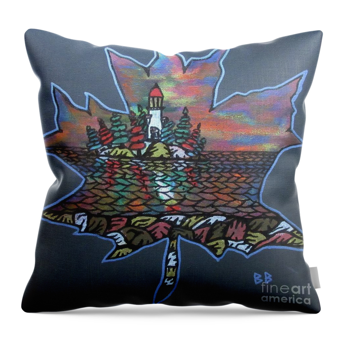 Maple Leaf Canada Lighthouse Landscape Mask Pillow Cushion Throw Pillow featuring the painting Maple Lighthouse by Bradley Boug