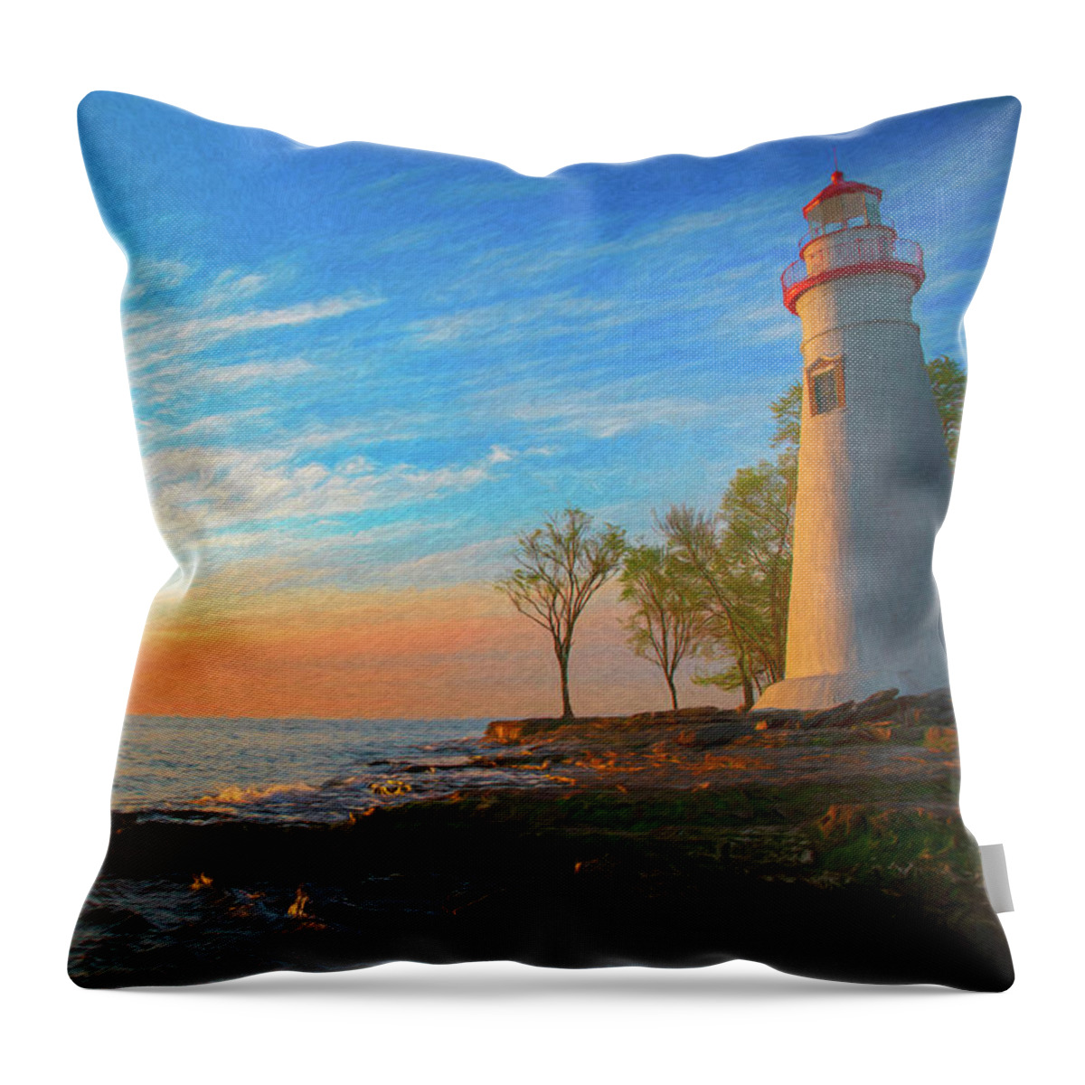 Marblehead Lighthouse Sunrise Panorama Throw Pillow featuring the painting Marblehead Sunrise Painting by Dan Sproul