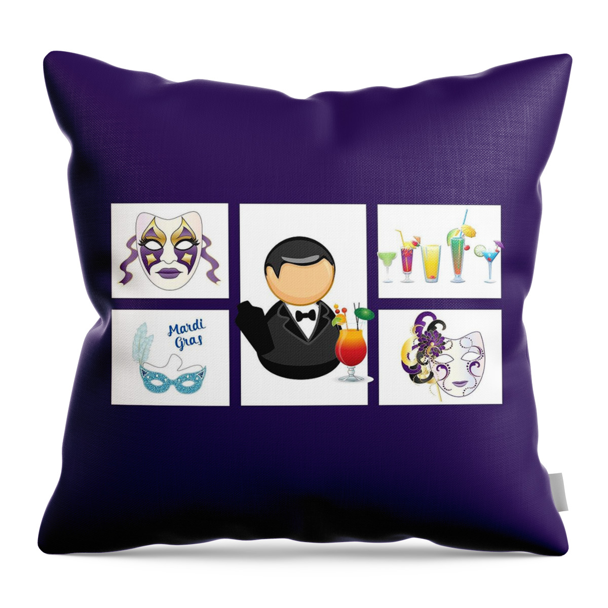 The Images Use Traditional Mardi Gras Masks Celebratory Drinks Handed Out By The Illustration Of A Bartender In The Center.. Throw Pillow featuring the digital art Mardi Gras Illustrated by Nancy Ayanna Wyatt