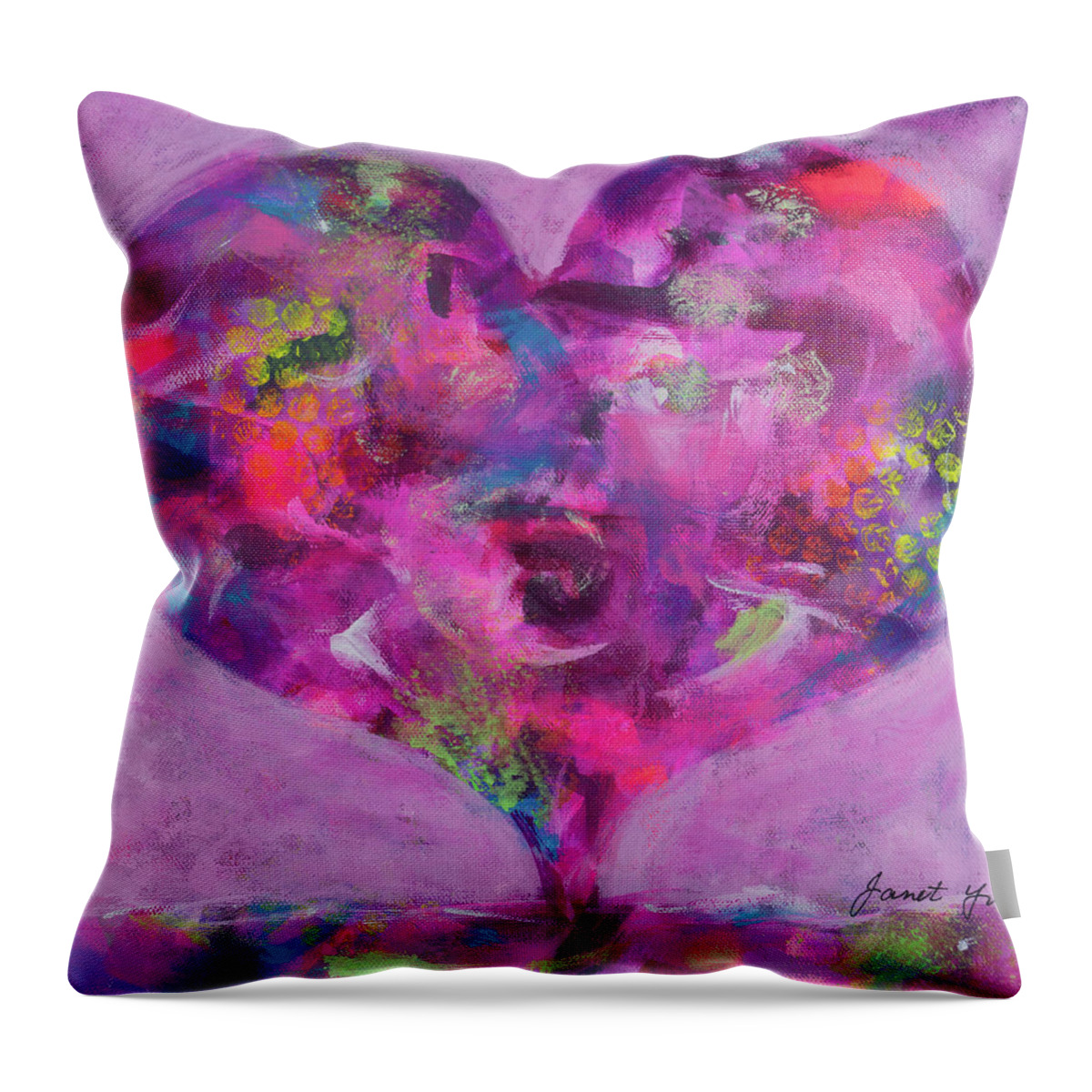 Abstract Throw Pillow featuring the painting Margenta Heart by Janet Yu