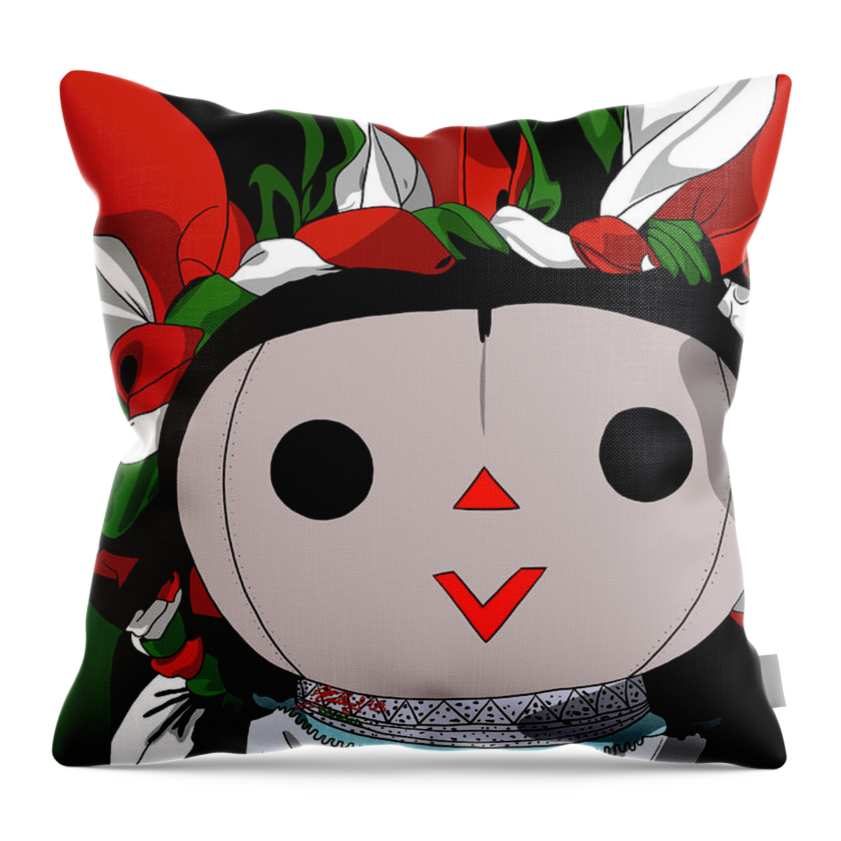 Mazahua Throw Pillow featuring the digital art Maria Doll green white red by Marisol VB