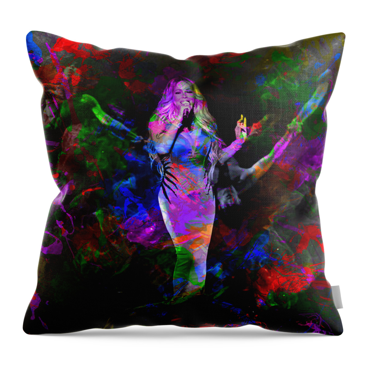 Mariah Carey Throw Pillow featuring the mixed media Mariah Carey Paint Splatters Music Watercolor Portrait by Design Turnpike