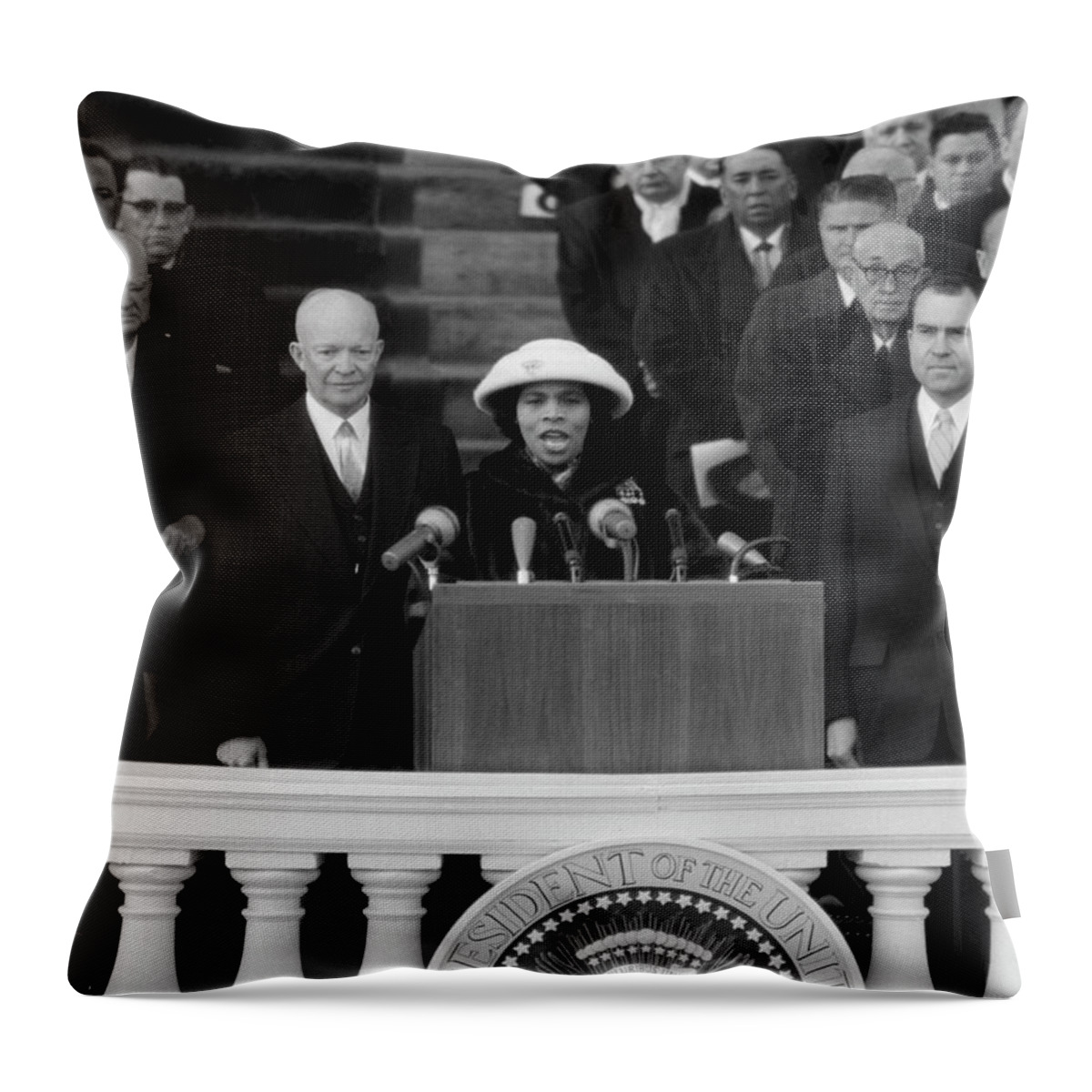 Dwight Eisenhower Throw Pillow featuring the photograph Marian Anderson Singing At Eisenhower Inauguration - 1957 by War Is Hell Store