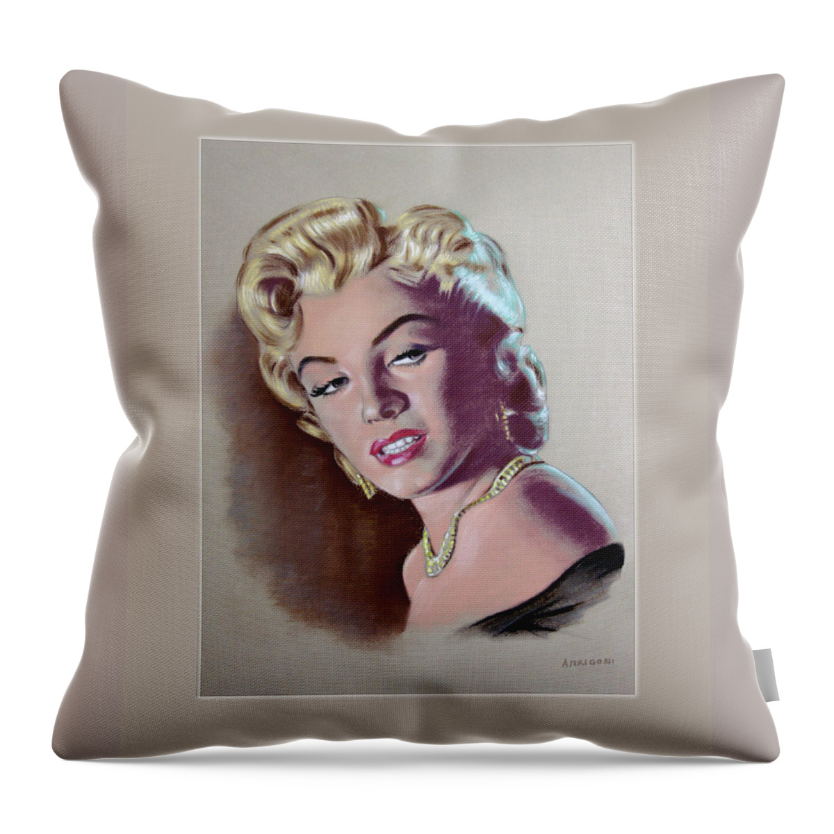 Marilyn Monroe Throw Pillow featuring the painting Marilyn Monroe-faux border by David Arrigoni