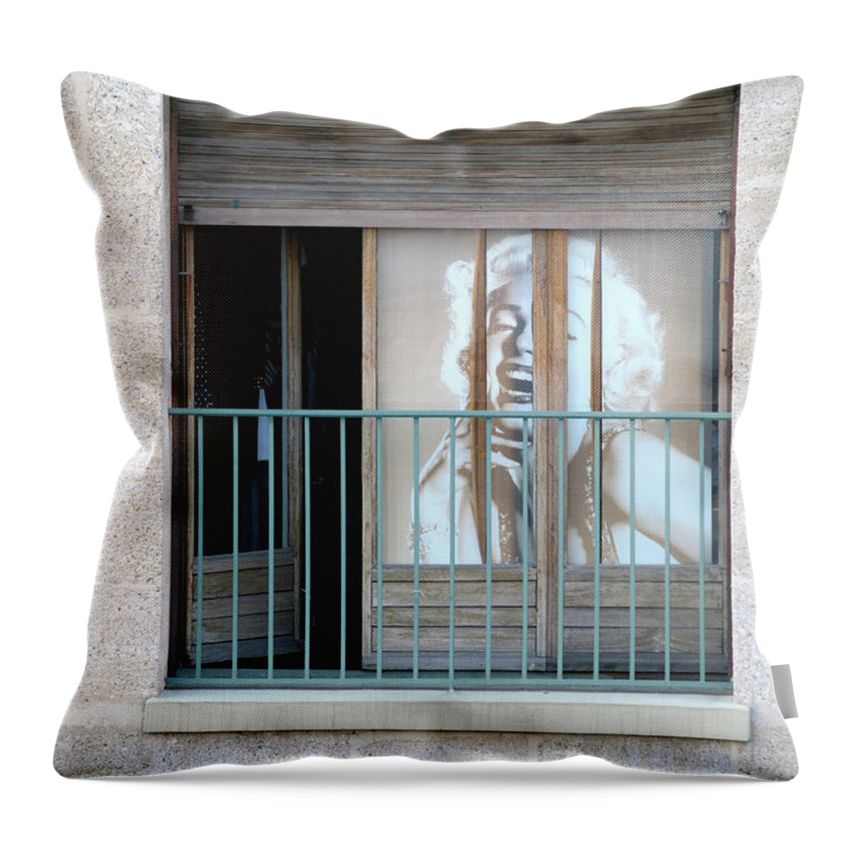 France Throw Pillow featuring the photograph Marilyn Monroe in an apartment window, Marseille, France by Kevin Oke