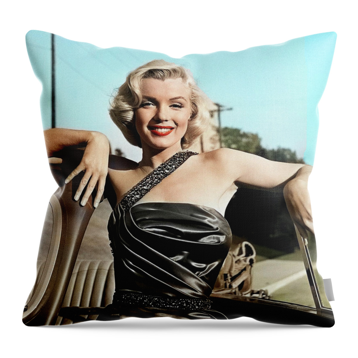 Marilyn Monroe Throw Pillow featuring the photograph Marilyn Monroe with car by Movie World Posters