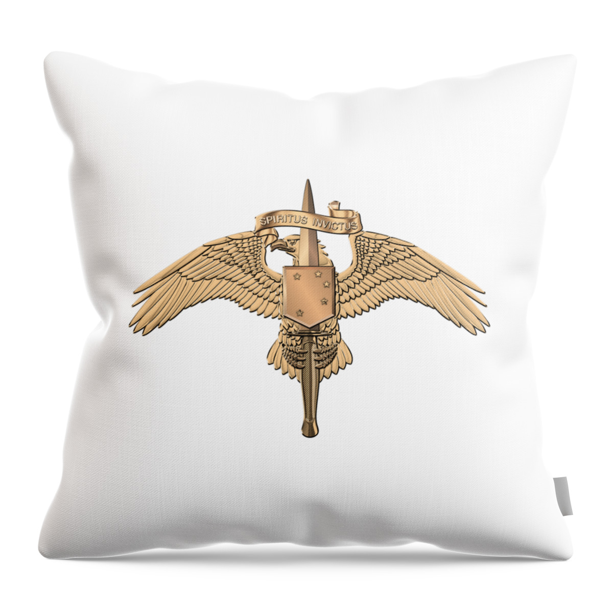 Military Insignia & Heraldry Collection By Serge Averbukh Throw Pillow featuring the digital art Marine Special Operator Insignia - USMC Raider Dagger Badge over White Leather by Serge Averbukh