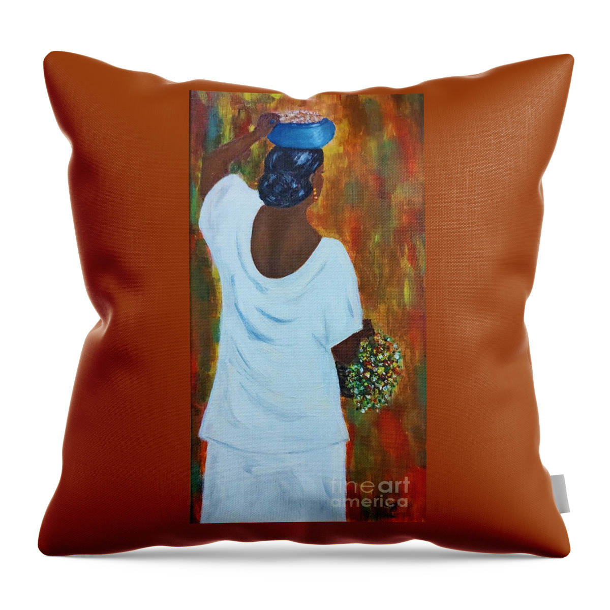 African Woman Throw Pillow featuring the painting Market Day Beautiful Black Woman by Irene Czys