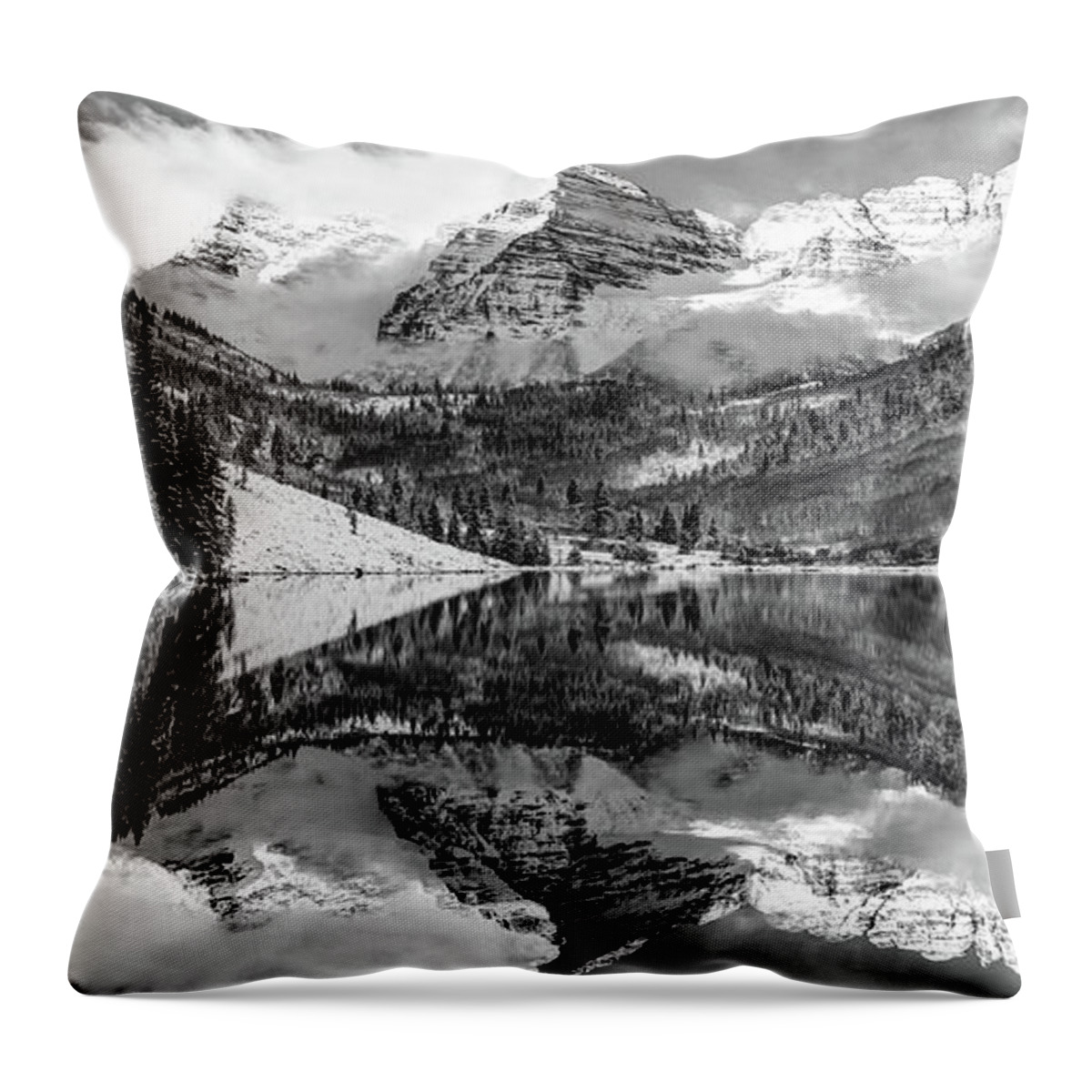 Maroon Bells Panorama Throw Pillow featuring the photograph Maroon Bells Panoramic View - Monochrome Mountain Landscape by Gregory Ballos