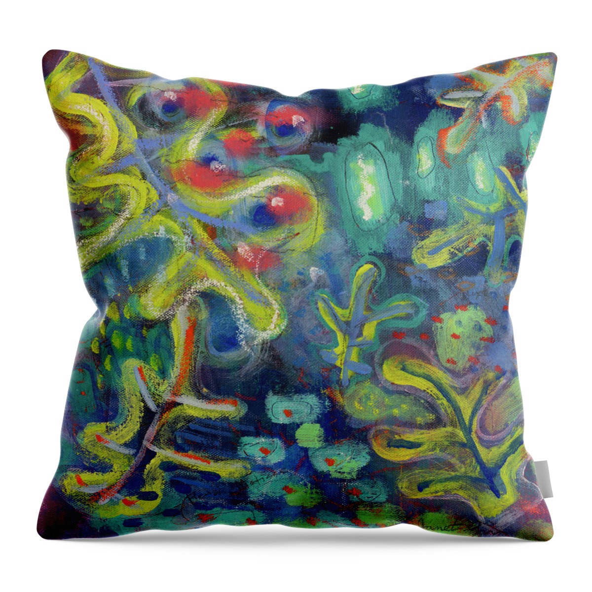 Abstract Throw Pillow featuring the painting Martis Under the Sea by Janet Yu