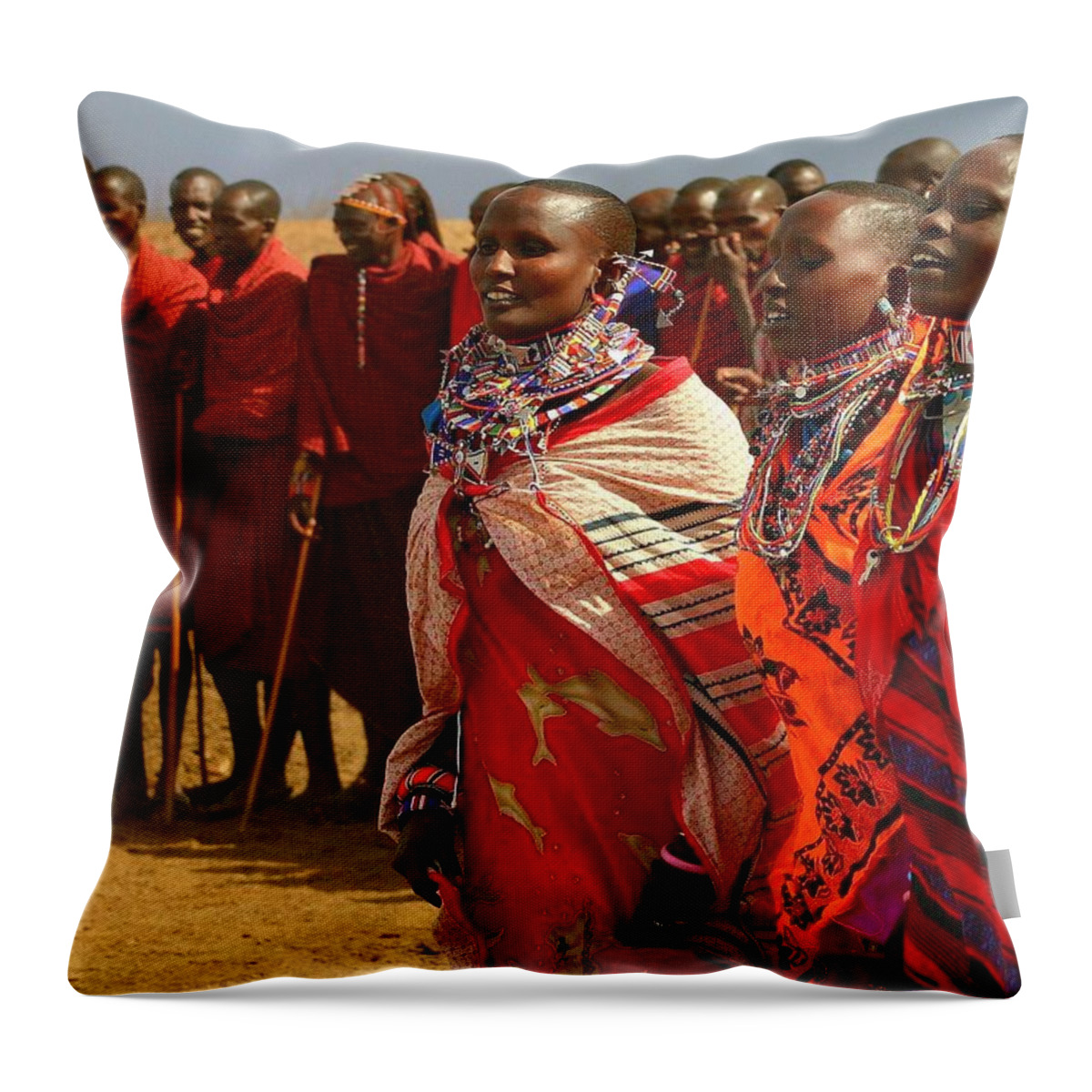 Brilliant Red Throw Pillow featuring the photograph Masai Women by Gene Taylor