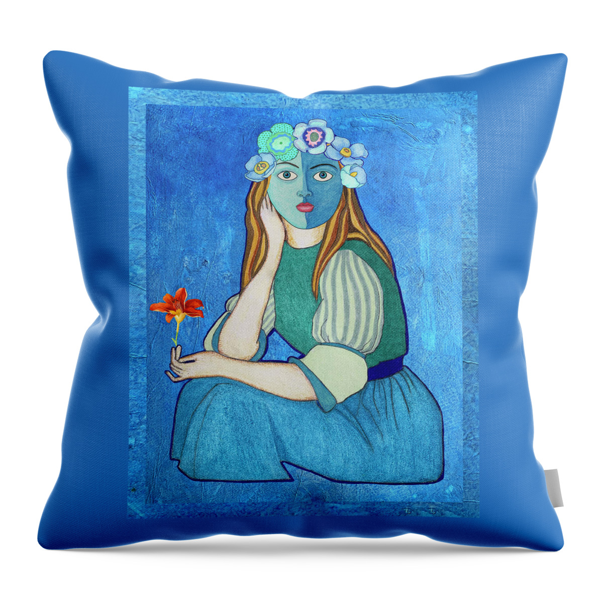 Fantasy Throw Pillow featuring the mixed media Masked Girl with Red Lily by Lorena Cassady