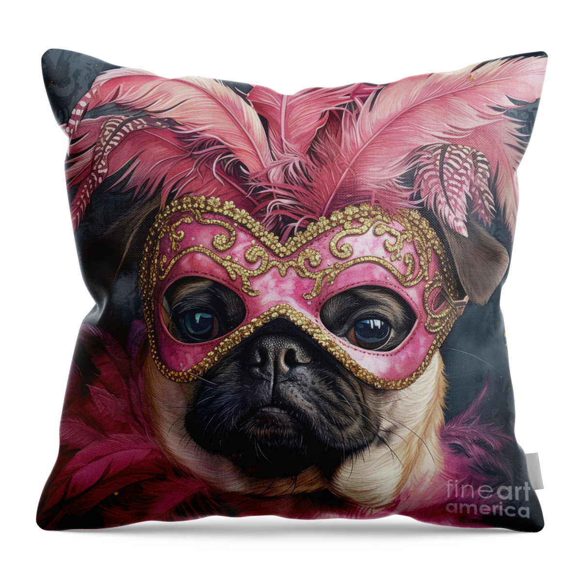 Pug Throw Pillow featuring the painting Masquerade Pug Ruby by Tina LeCour
