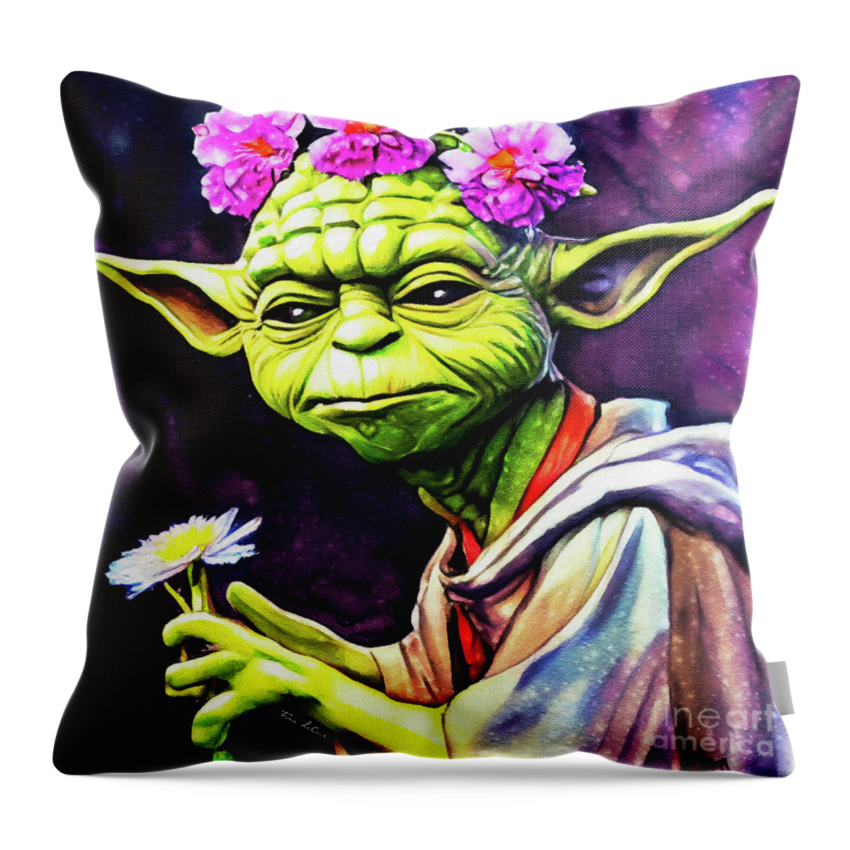 Yoda Throw Pillow featuring the painting May The Flowers Be With You by Tina LeCour